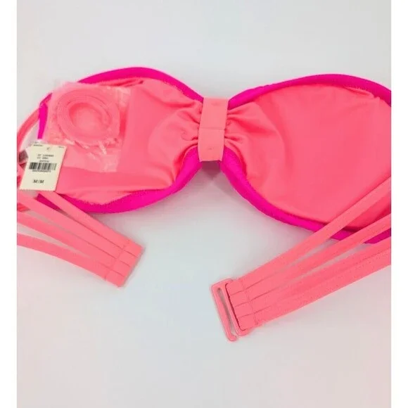2 Victoria's Secret Pink Bikini Top Women Medium Hot Pink Strappy Swimsuit Beach - Picture 11 of 16